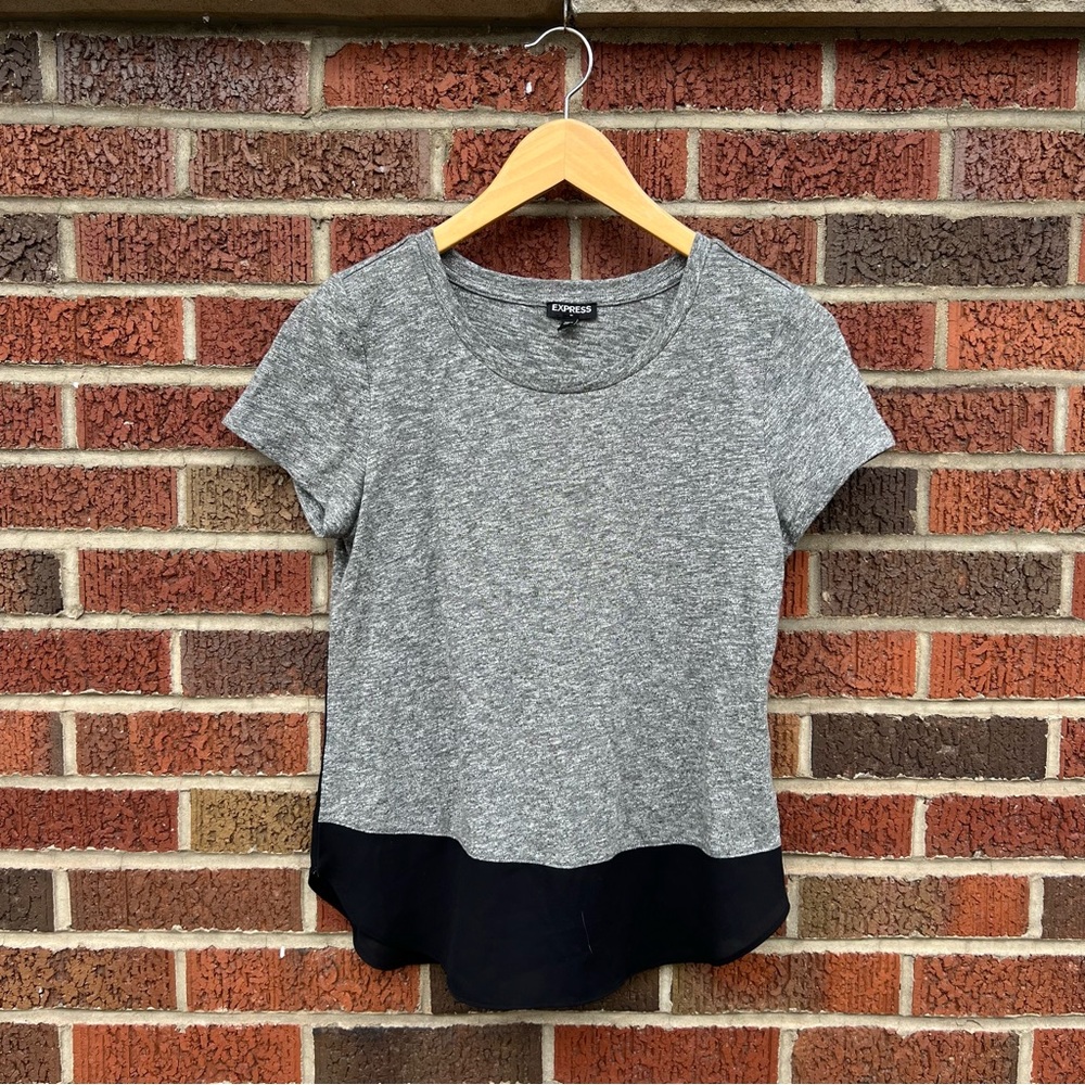 Express Gray and Black Two Fabric Chiffon Short Sleeve Dolphin Hem Blouse